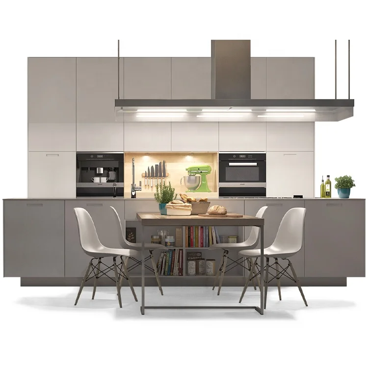 White Lacquer Kitchen Cabinet Cucine with Large Island and Tall Unit Run