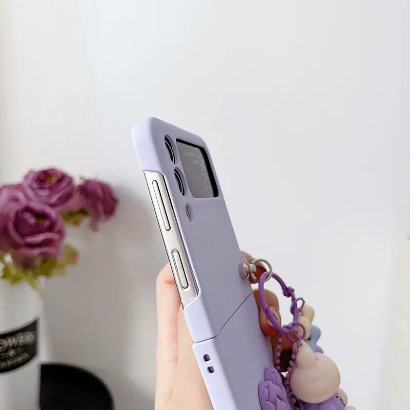 3D Cute Cartoon Rabbit Bear Folding Phone Case For Samsung Z Flip 3 4 5 Anti-lost Love Heart Keychain For Galaxy Z Flip 1 2
