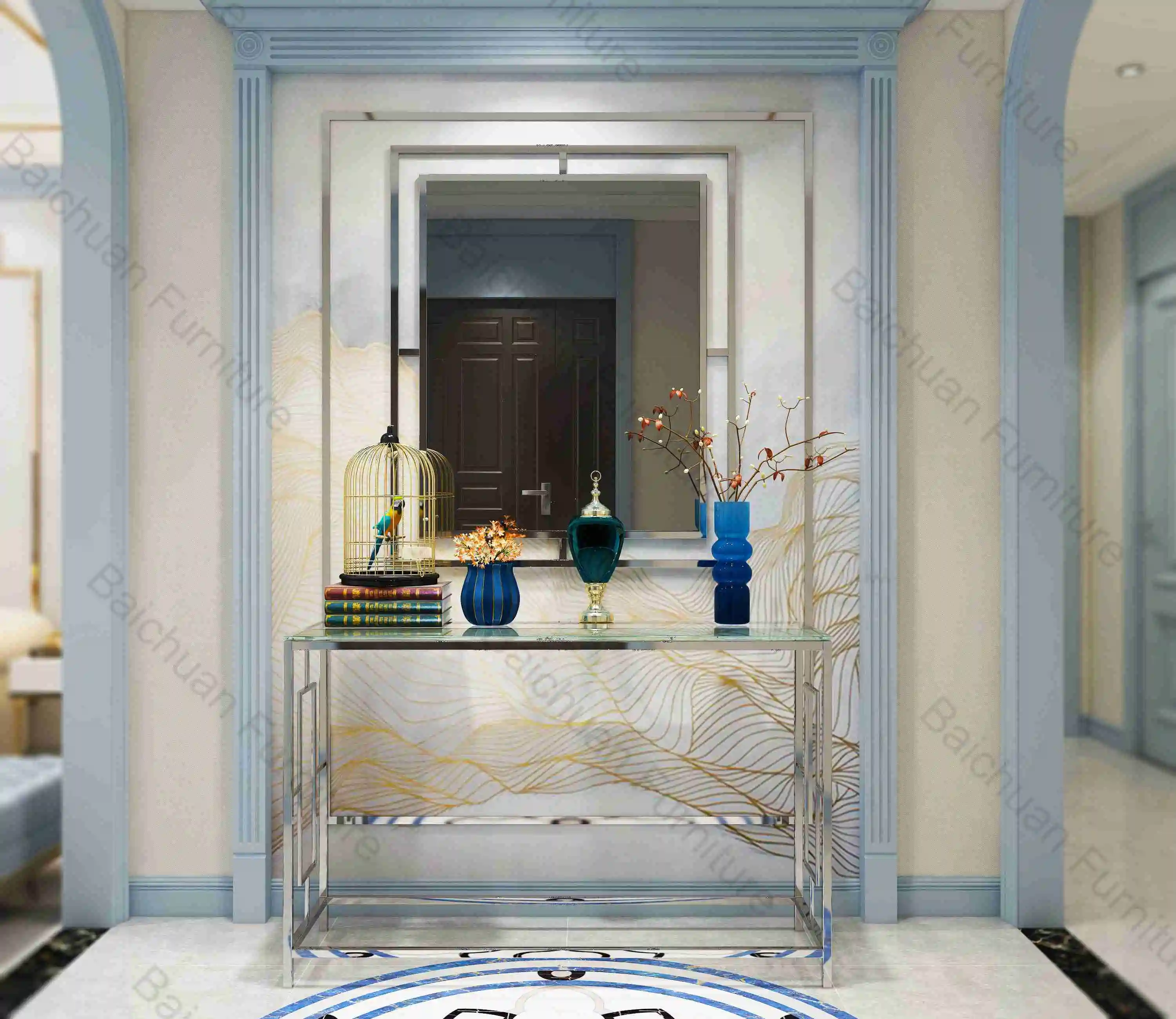 2024 modern luxury French style mirror clear glass coffee table stainless steel legs console tables