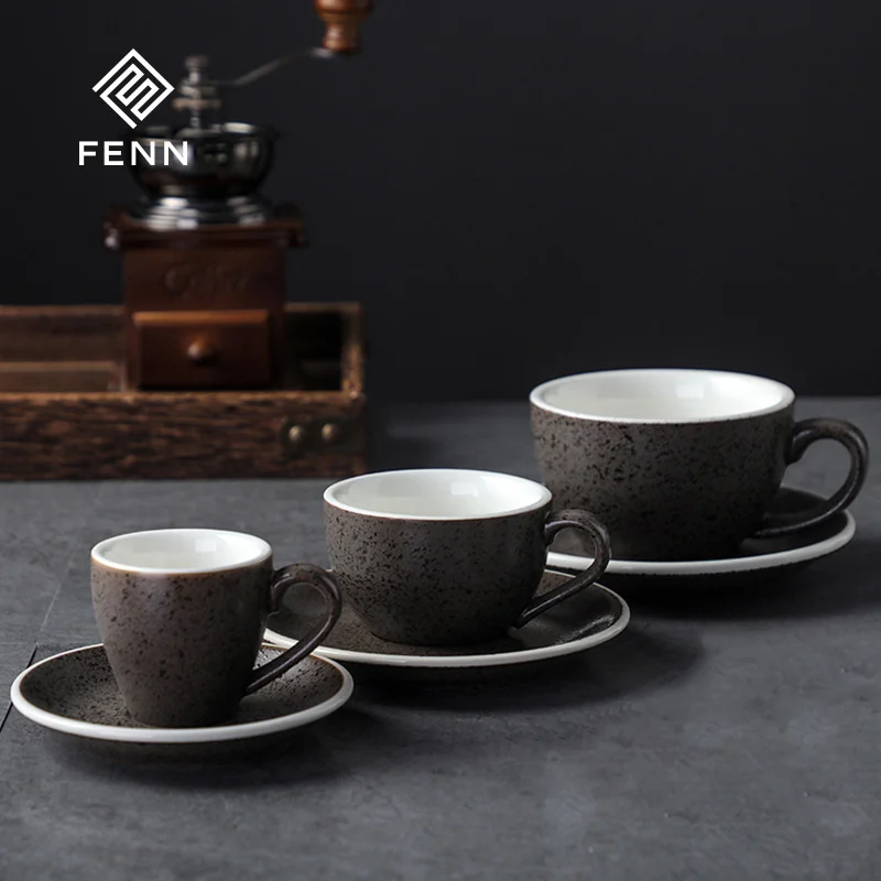 Retro American Ceramic Vintage Espresso Cups And Saucers Sets Classic Frosted Stoneware Coffee Cappuccina Cups