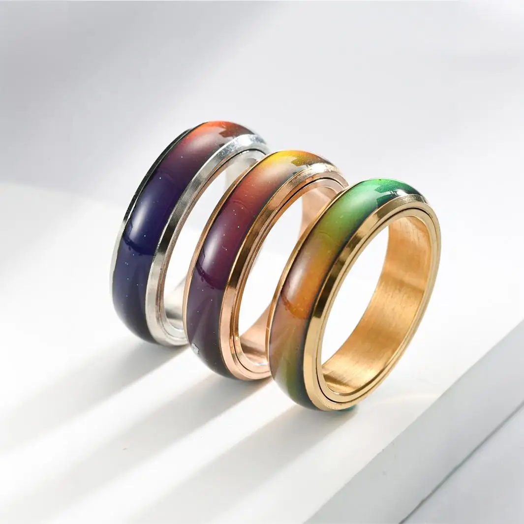 New 6mm 18K Gold Plated Stainless Steel Temperature Sensitive Glaze Changing Color Rotatable Mood Rings For Men Women Couple