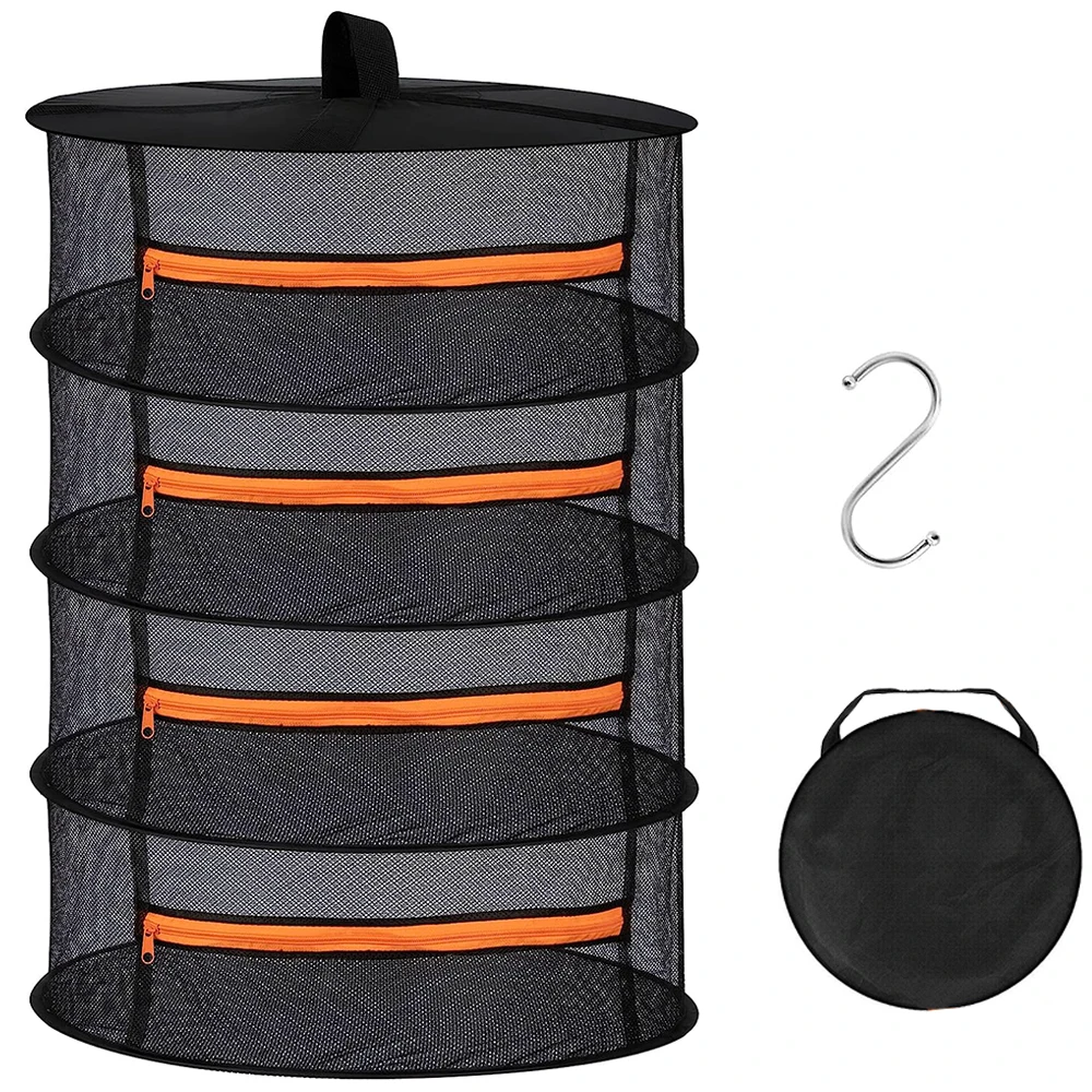 4 Layer 60cm Black Orange Zippers Garden Patio Household Closed Collapsible Mesh Hanging Herb Plant Drying Rack Dry Net
