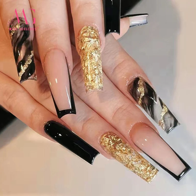 24pcs High Quality Luxury False Nails Extra Long Coffin Fake Acryl Acrylic Nails Tip Wholesale Gel Elegant Design Press On Nails