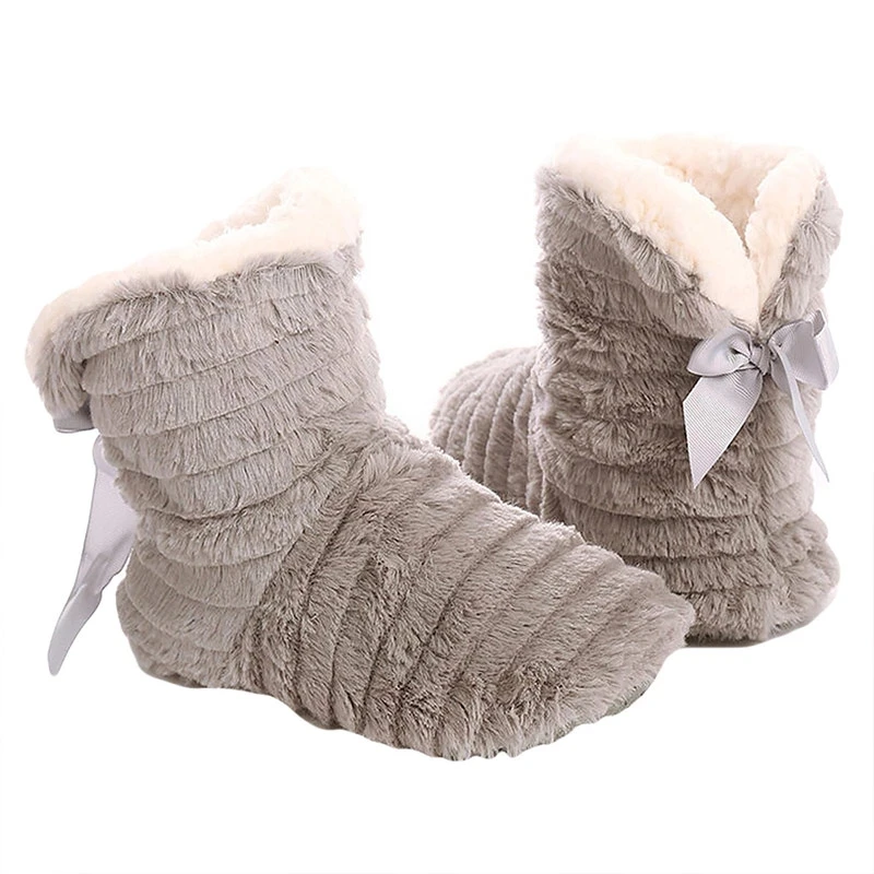 Домашние тапочки женские зимние меховые домашние Нескользящие теплые плюшевые с бантом-бабочкой женская обувь на плоской подошве из флока