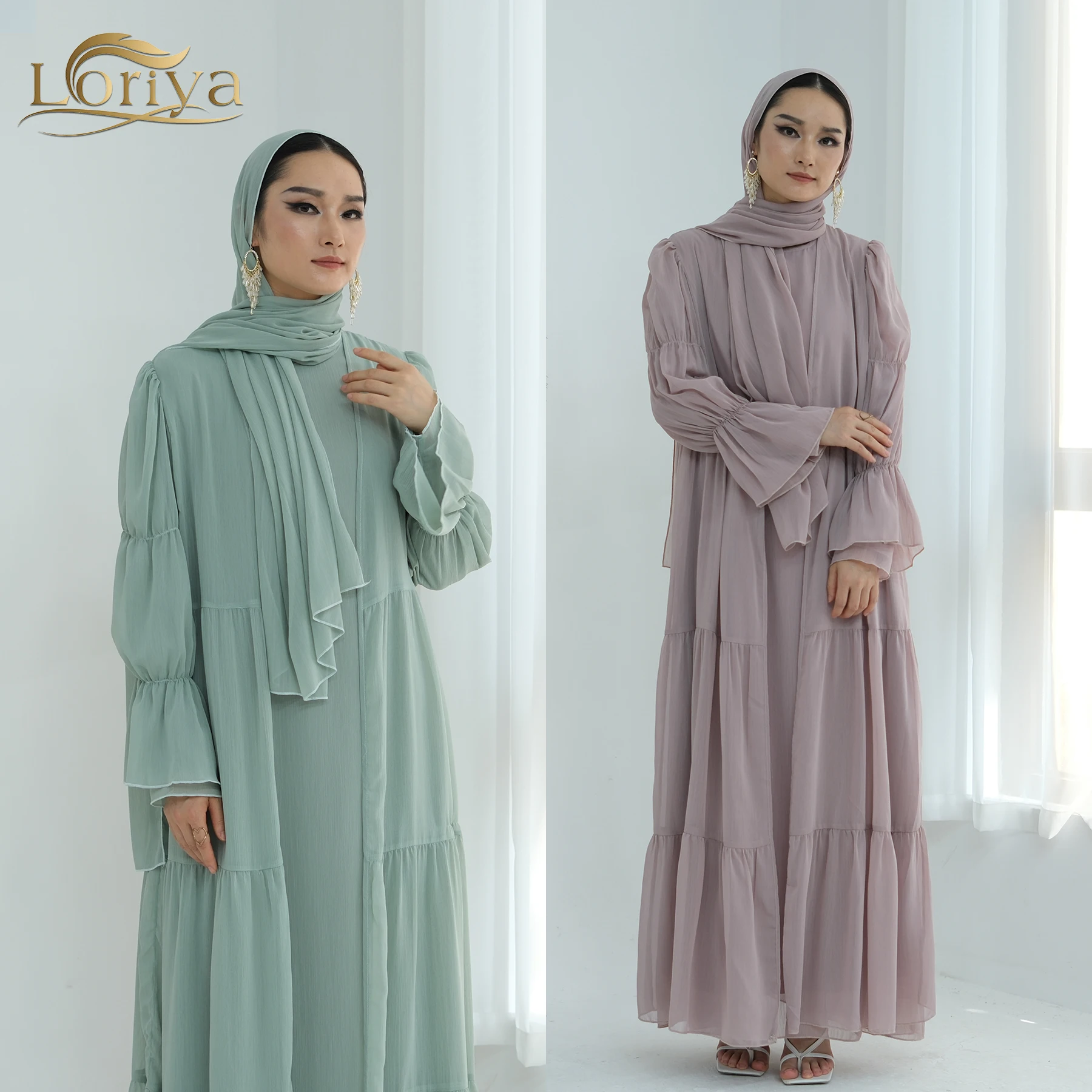 Wholesale Loriya Womens Dresses Islamic Clothing Solid Color Chiffon 2 Piece Abaya Set Long Sleeve Dress and Front Open Abaya