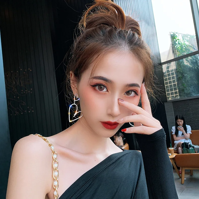 Big Rhinestone Heart Dangle Earrings Korean Style Full Rhinestone Crystal Bling Bling Earrings for girl