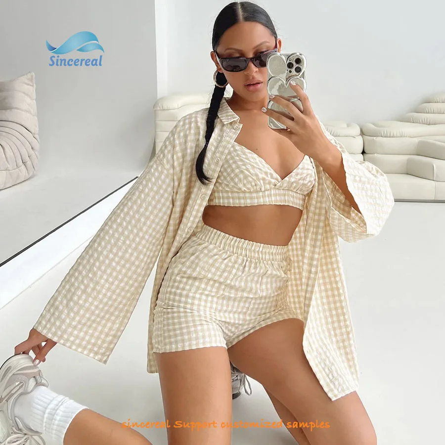 Custom summer casual fashion checked shirt gingham fabric Sleepwear cotton line women home wear pajamas 3 piece set