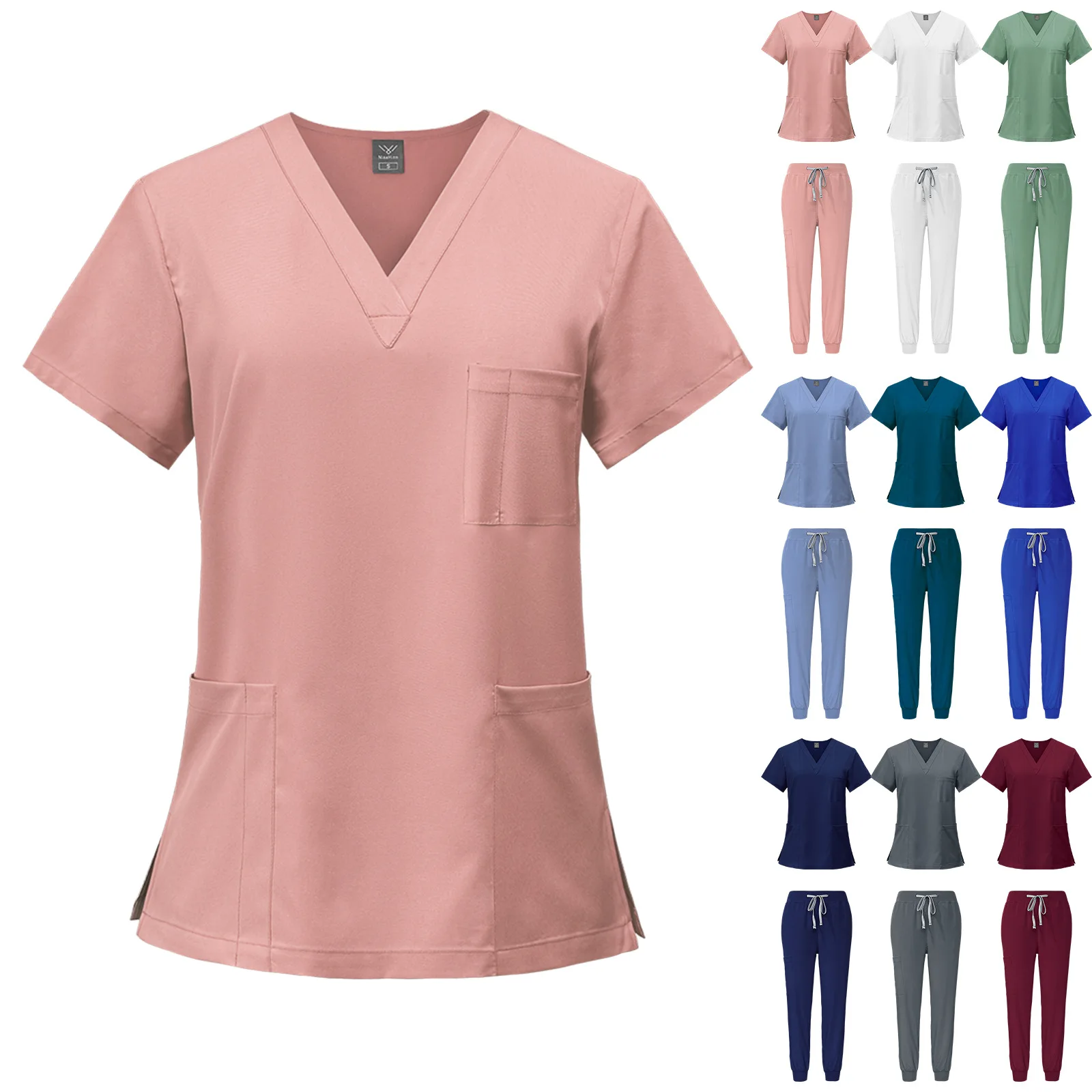 Unisex Hospital Uniform 4 Way Stretch Nursing Scrub Suit Washable V-Neck Medical Scrub Top and Drawstring Jogger Pants Set
