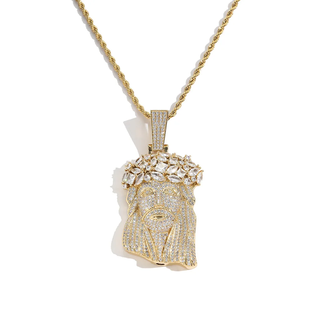 Iced Out Hip Hop Jewelry Big Size 18K Gold Plated Brass AAAAA CZ Diamond Jesus Pendant Necklace With  Rope Cain For Men
