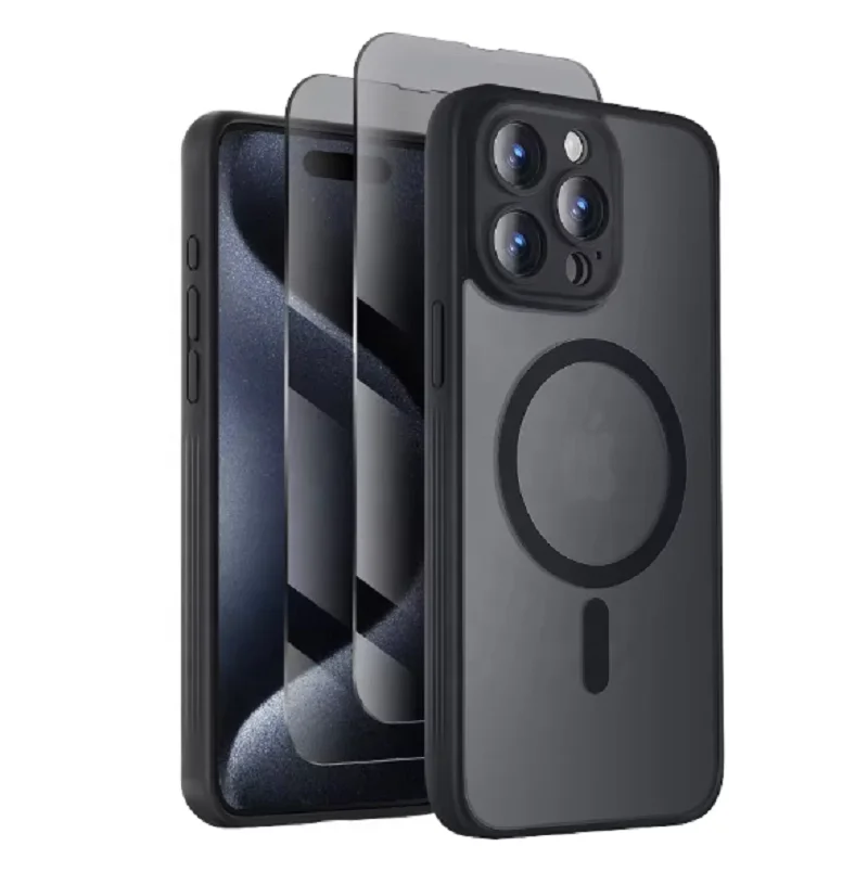 Anti-drop Shockproof Magnetic cases screen glass 2 privacy phone film black protect camera TPU matte Phone Case for iphone 15pro