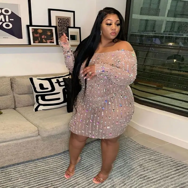 D12334 2021 Autumn mesh hot drilling elegant casual bodycon  see-through night club plus size dresses for women clothing