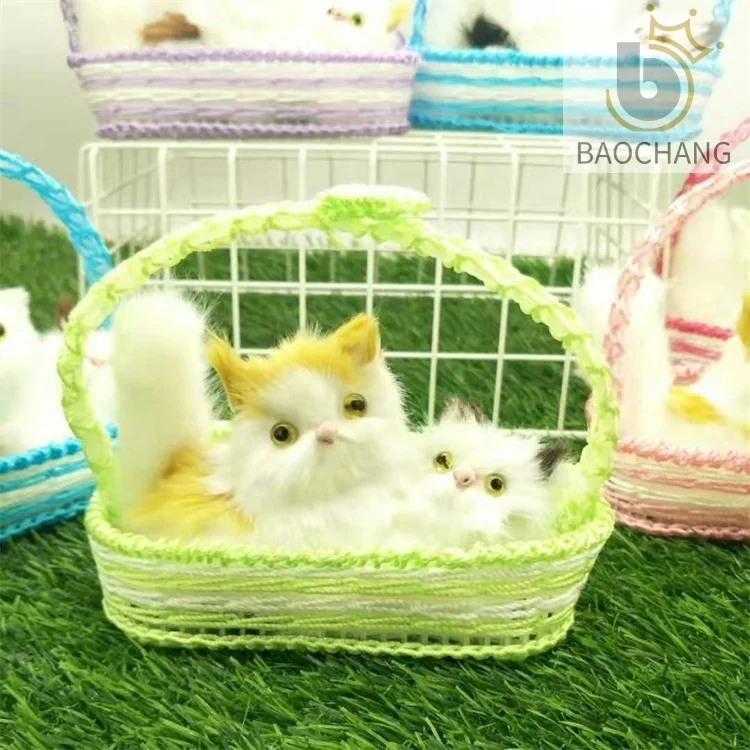 High quality plush animal plush cat in plastic Basket  with sound for  holiday Gifts Home Decoration