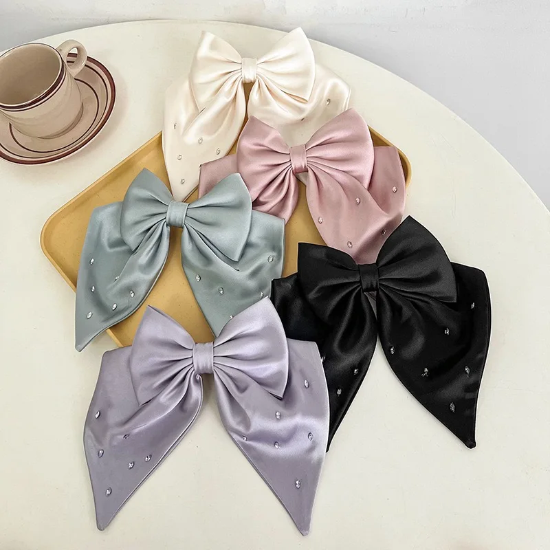 Luxury Handmade Design Rhinestone Silk Long Ribbon Bow Girls Hair Clips Accessories Large Bowknot Satin Bow Hairgrips For Women