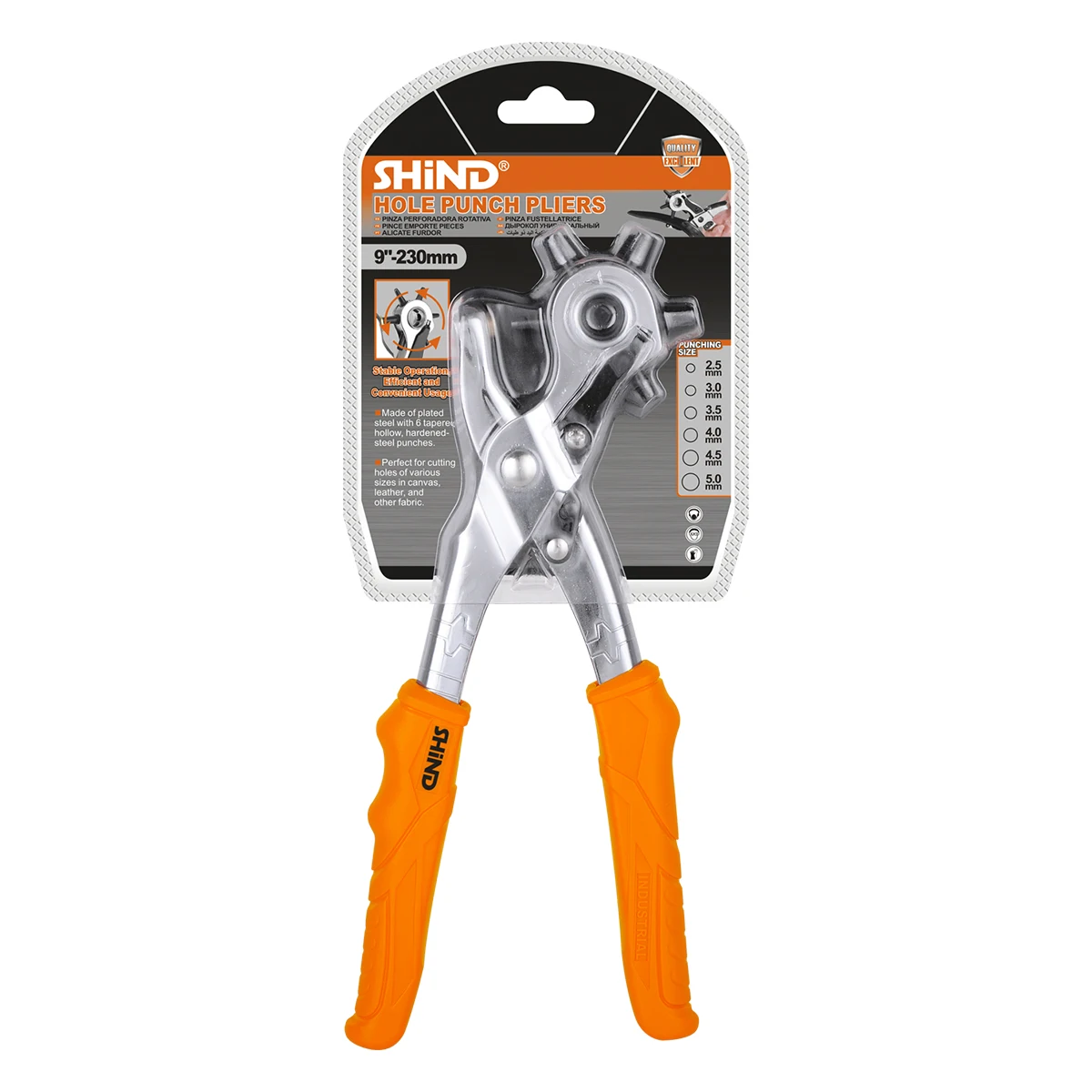 SHIND 94073 Hole Punch Pliers 9in/230mm Electricity Prevented Handle Steel Plated With 6 Tapered Hollow Hardened Steel Punches