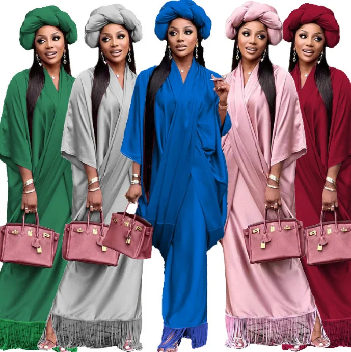 Sharee Fashion Tassel Satin Skirt Sets Women 2 Piece Outfits Long Dresses Luxury Robes Muslim Women Dress