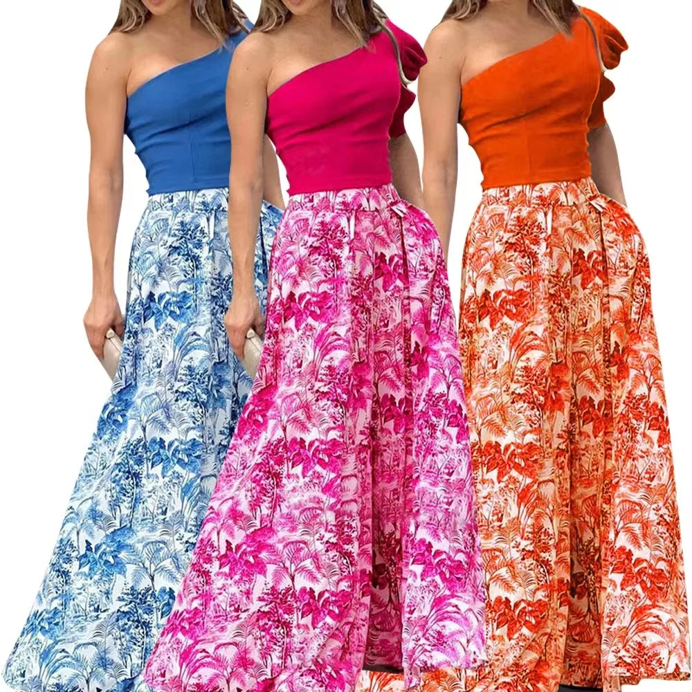 2023 New Arrivals Floral Palazzo Pants Suits Women Chic One Shoulder Top And Wide Leg Pants 2 Piece Summer Outfits