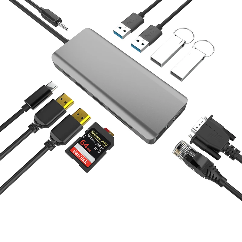 12 в 1 MST концентраторы usb из алюминиевого сплава с 4 * USB-A + 2 * HD TV 4K + 1 * VGA + 1 * RJ45 1000 Мбит/с + TF/SD + 1 * аудио + 1 * PD 60 Вт адаптер usb-концентратора