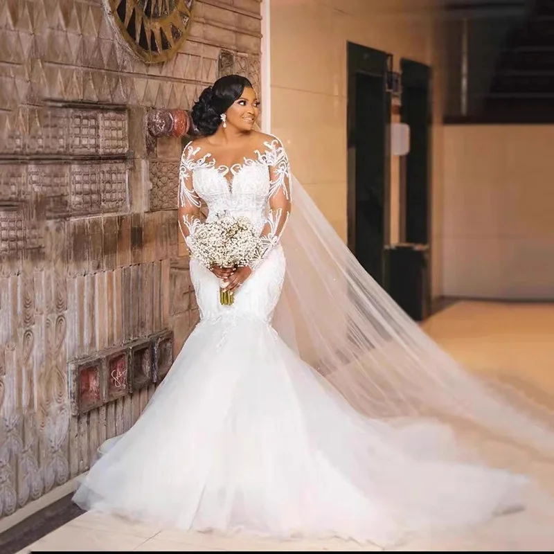 vintage long sleeve plus size elegant princess wedding dress for bride maid lace adjustable wedding Gown Train Bride Dress