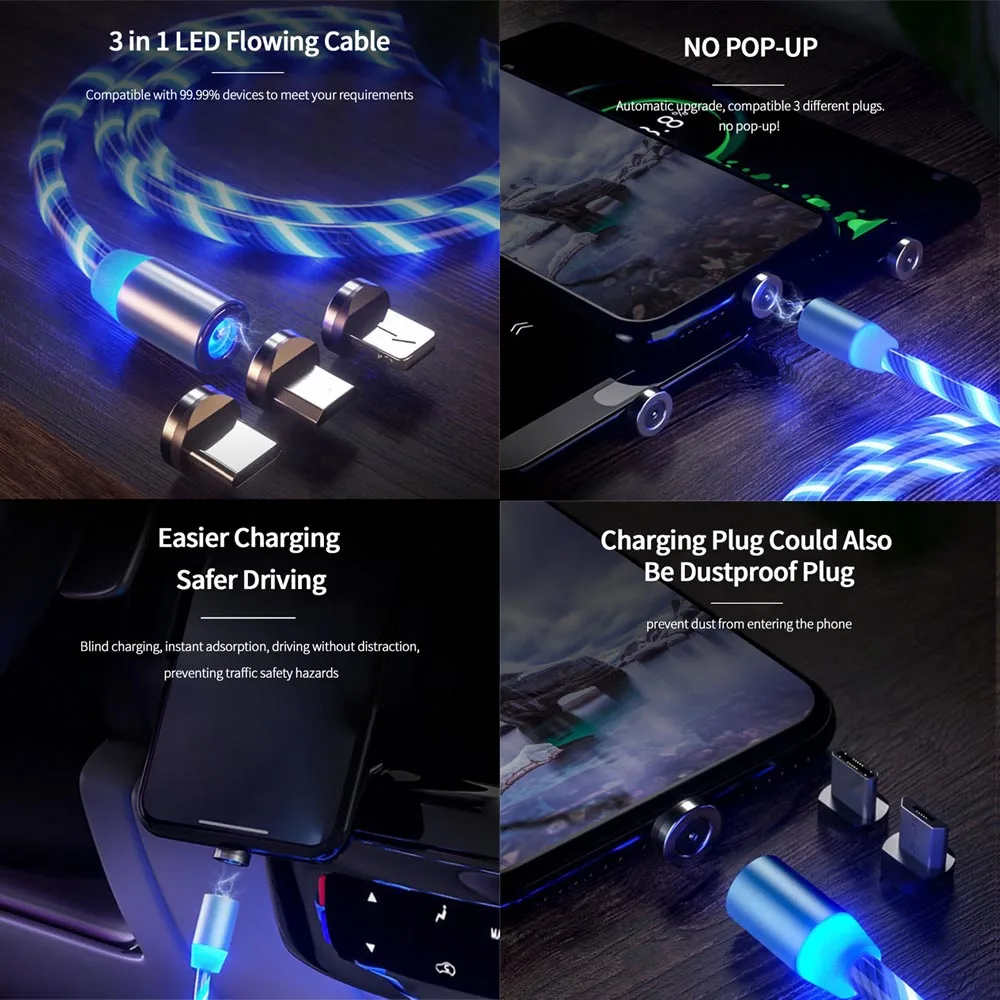 OEM Custom Logo 3 in 1 Led Light Flowing Luminous Charging Cable to Android USB Rotatable Metal Magnetic With Quick Charger Cabl