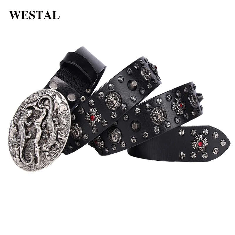 Westal Trend Punk Style Mens Belts Genuine Leather Womens Leather Belts Western Alloy Buckle Leather Belt