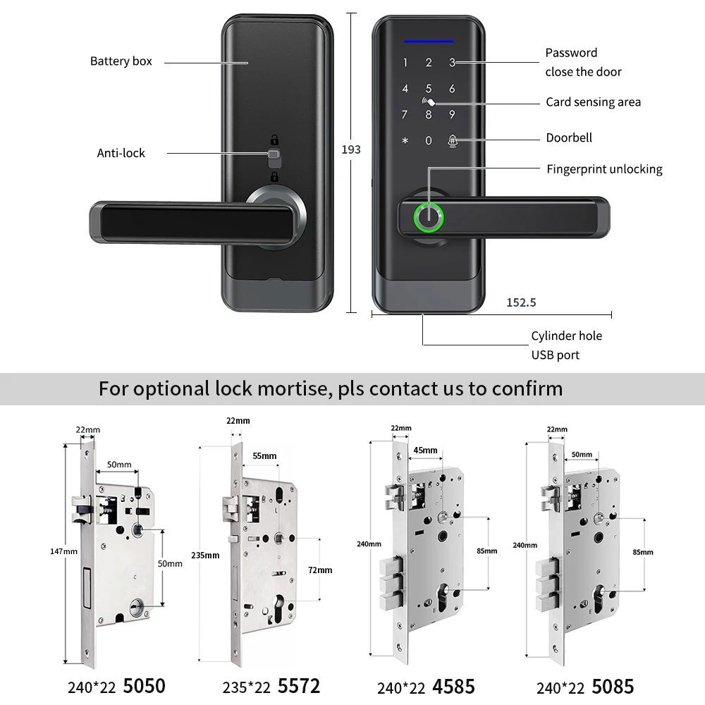 SMARTEK 2022 Newest A233 Smart App Fingerprint Digital Code Card Locks Electronic Waterproof Mortise Wi-Fi Smart Tuya Door Lock