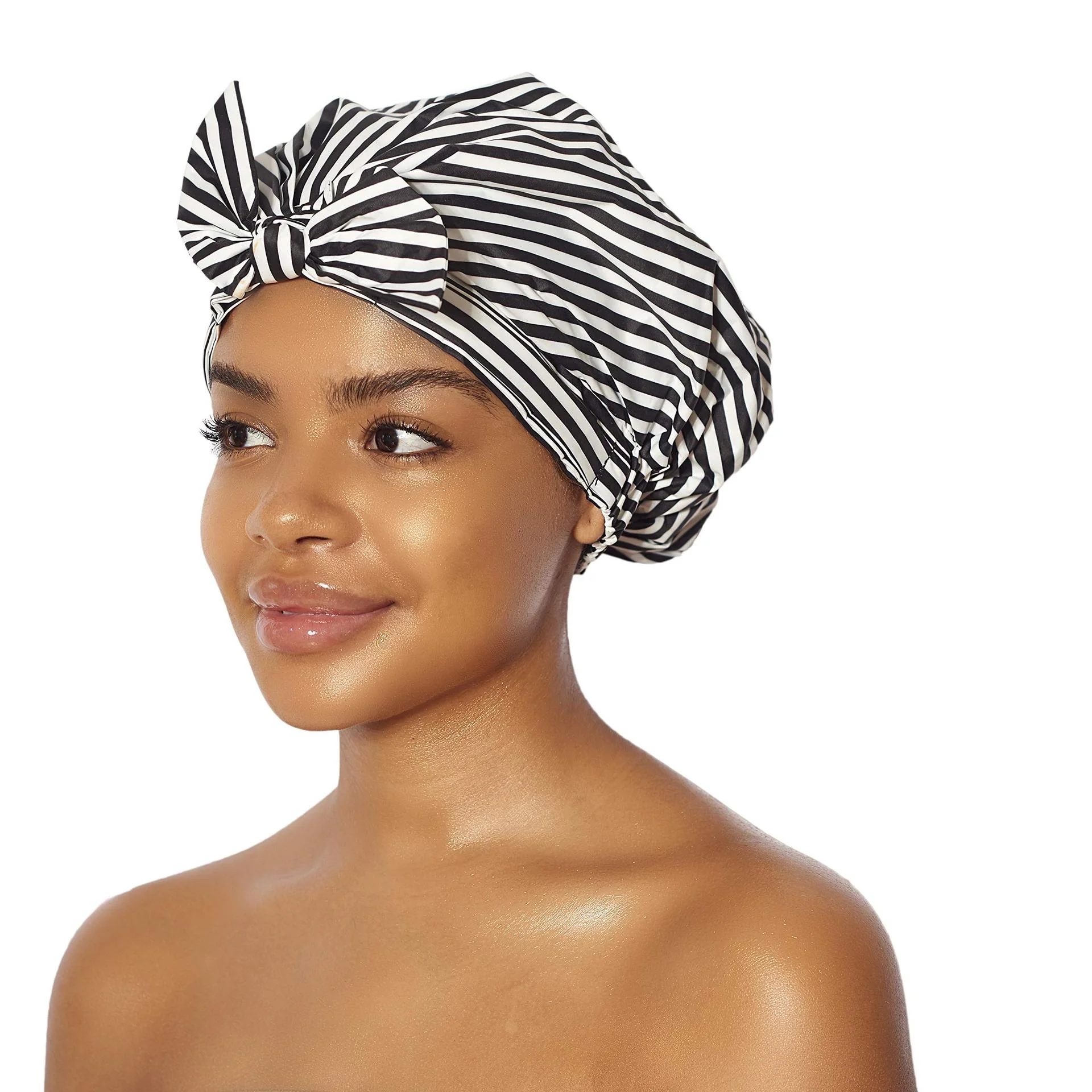 customized black white stripe pvc extra Large Turban bath waterproof Shower Cap for woman Hair