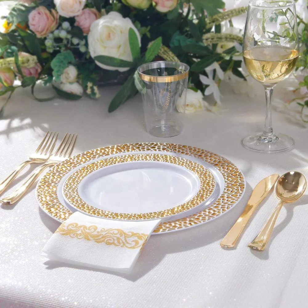 White Gold Rim Luxury Disposable Plastic Dinner Sets