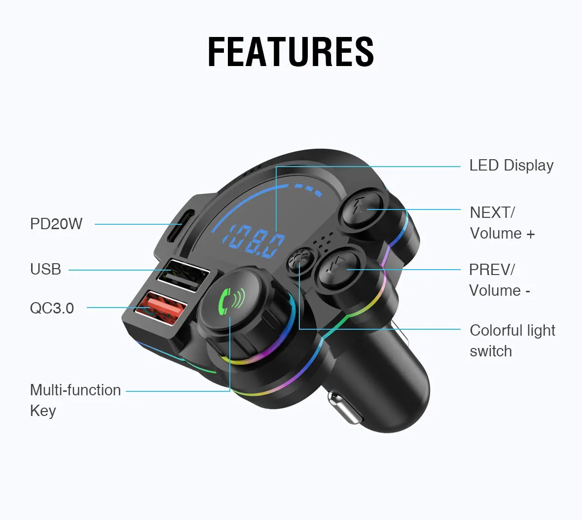 P22 Car Bluetooth MP3 Player with FM Transmitter QC3.0 PD20W Fast Charging USB Car Charger 12 Months Multi-Function Stereo Sound