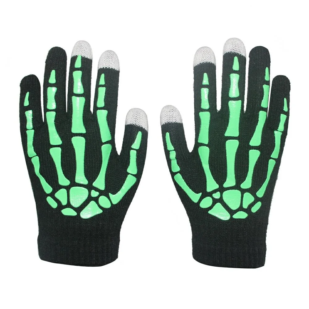 Factory Wholesale custom Halloween Skeleton Mittens Luminous winter Black Knitted Touch Screen Gloves
