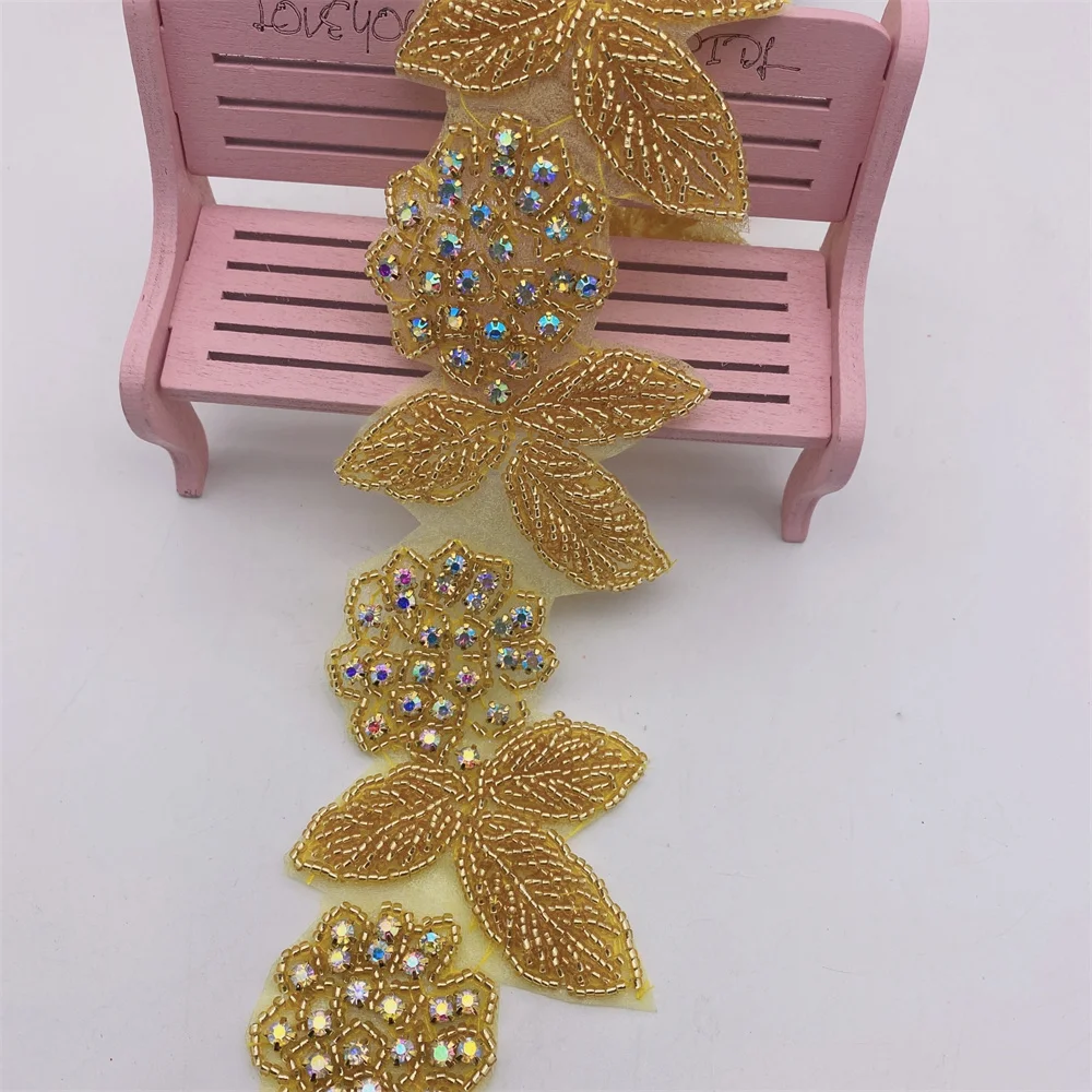 Crystal Motif Strass flower Hot Fix Rhinestone Tape  Ribbon With Rhinestones Iron On Appliques for wedding belt DIY