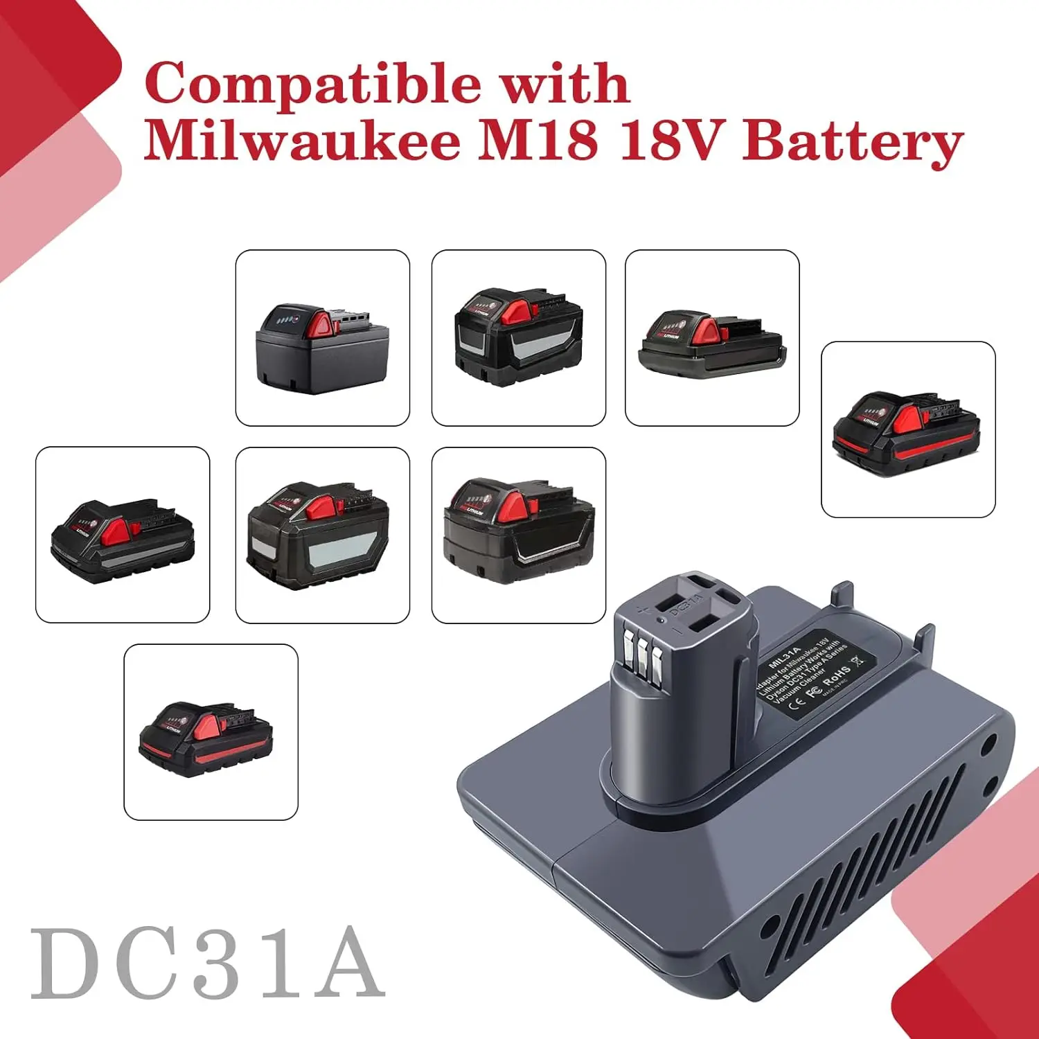 MIL31A Adapter for Mil waukee M18  18V Li-ION Battery Convent for Dyson Type-A DC31 DC34 DC35 DC45 Handheld Cordless Vacuum