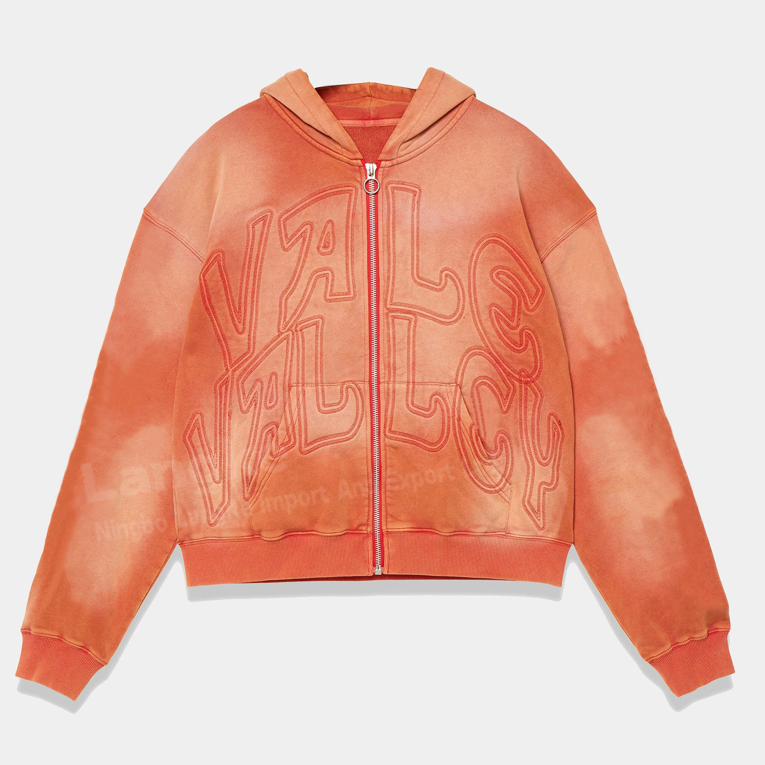 High Quality Boxy Drop Shoulder Cotton Custom Vintage Patch Embroidery Sun Faded Zip Up Washed Hoodies