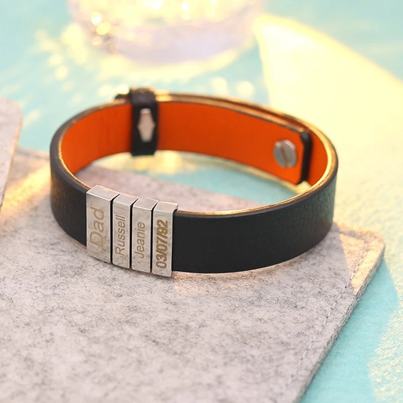 Father Gifts Engrave Personalized Genuine Leather Bracelet Stainless Steel Beads Custom Name Charm Bracelets with Family Names