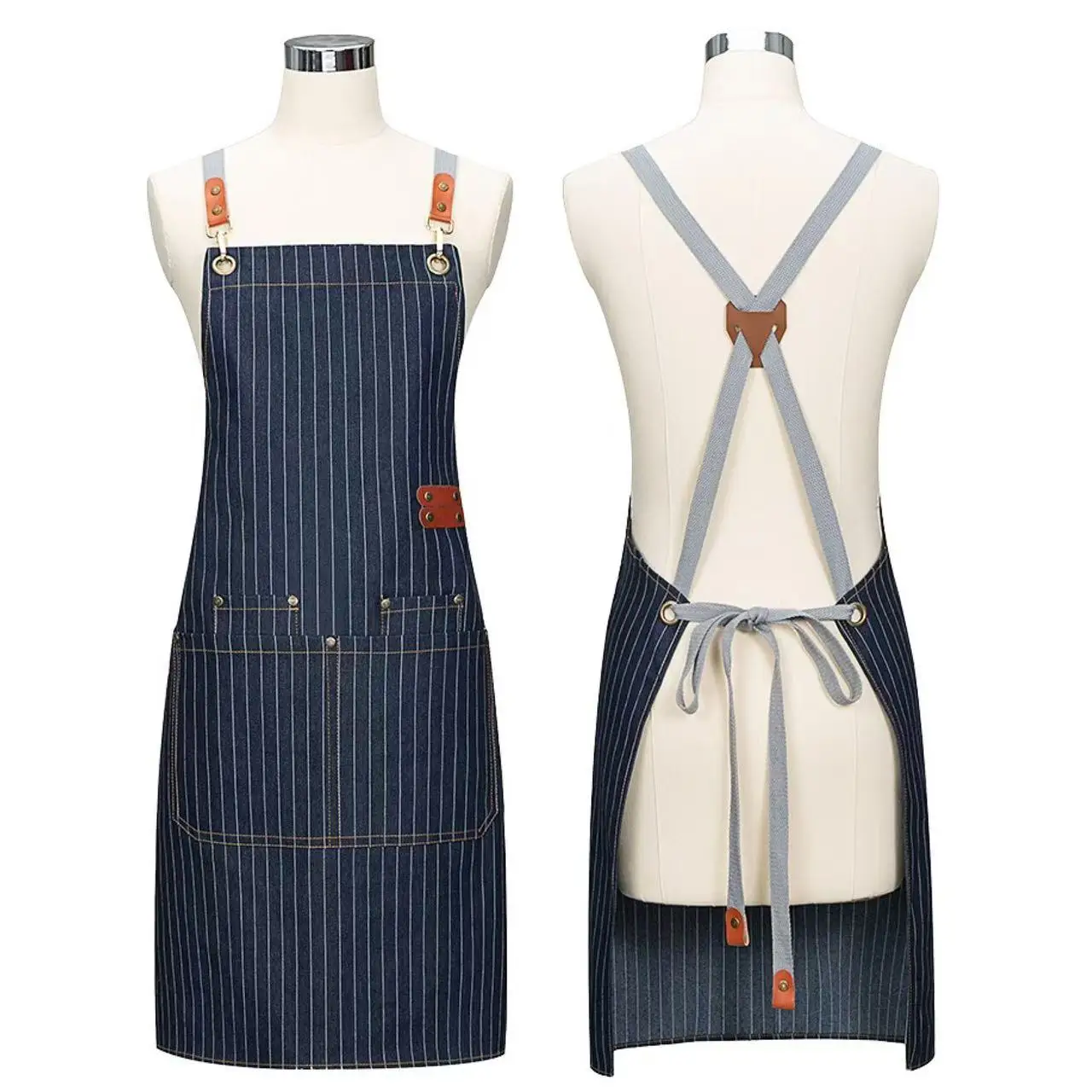 Blue Black Denim Stripe Print Kitchen Aprons Custom Embroidery Logo Chef Cooking Canvas Aprons With Pockets Waiter Aprons
