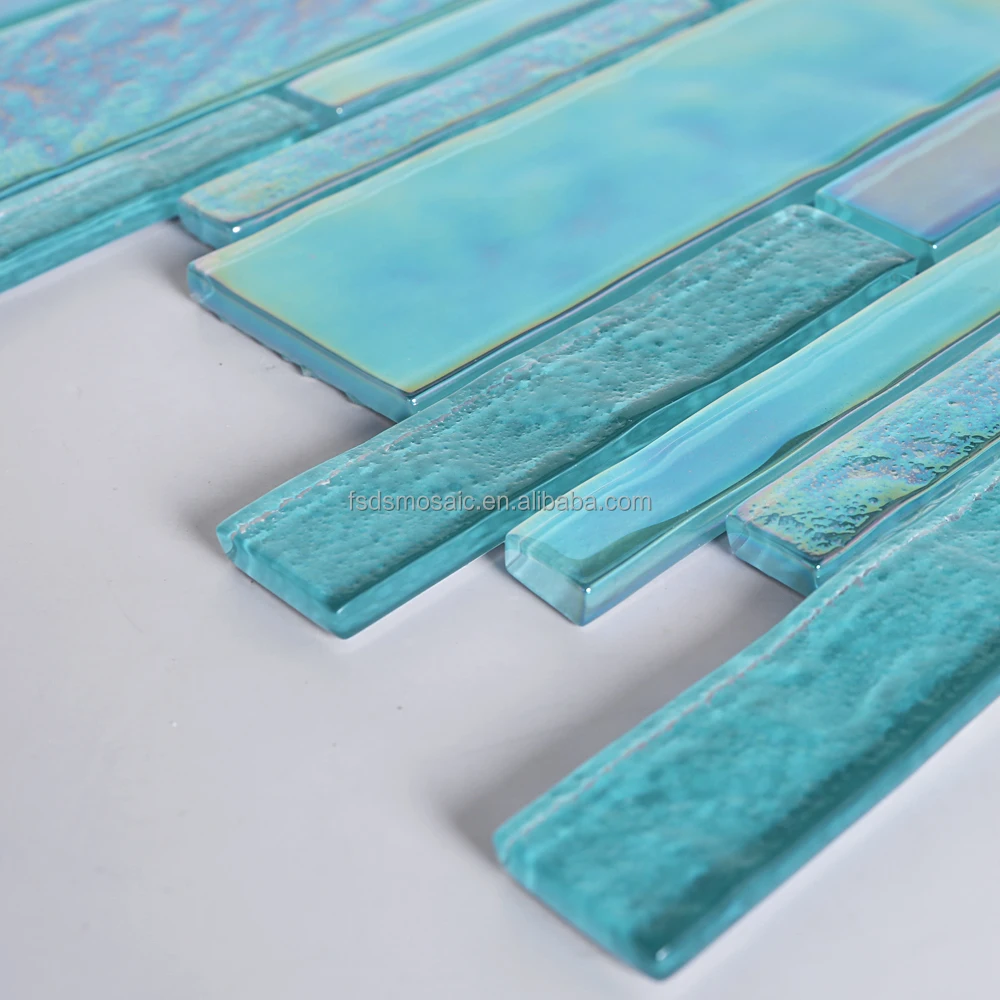Iridescent Aqua Green Crystal Strip Glass Mosaic Backsplash Tile Swimming Pool Mosaic Tile