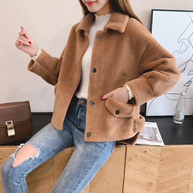 LE-19101906 2019 autumn and winter new lamb sweater sweater coat loose lapel fur one cardigan coat new fashion