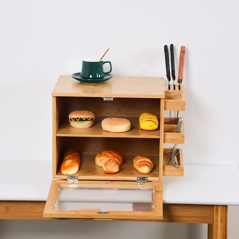 Double Layer Bamboo Bread Box Bread Storage Container Large Bread Box with Knife Storage Rack