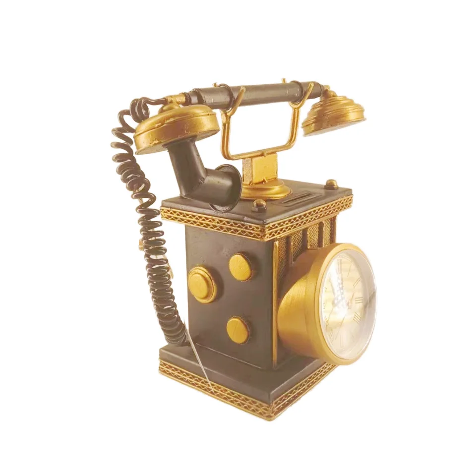 Vintage Home Decor Iron Metal Telephone Model Ornaments Clock Painting Technique Cast Iron Phone Photographic Props Unique Gifts