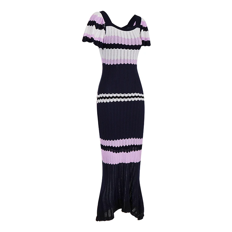 Knitwear manufacturers custom summer against color square collar wave stripe slim elegant fashion long women kint dress