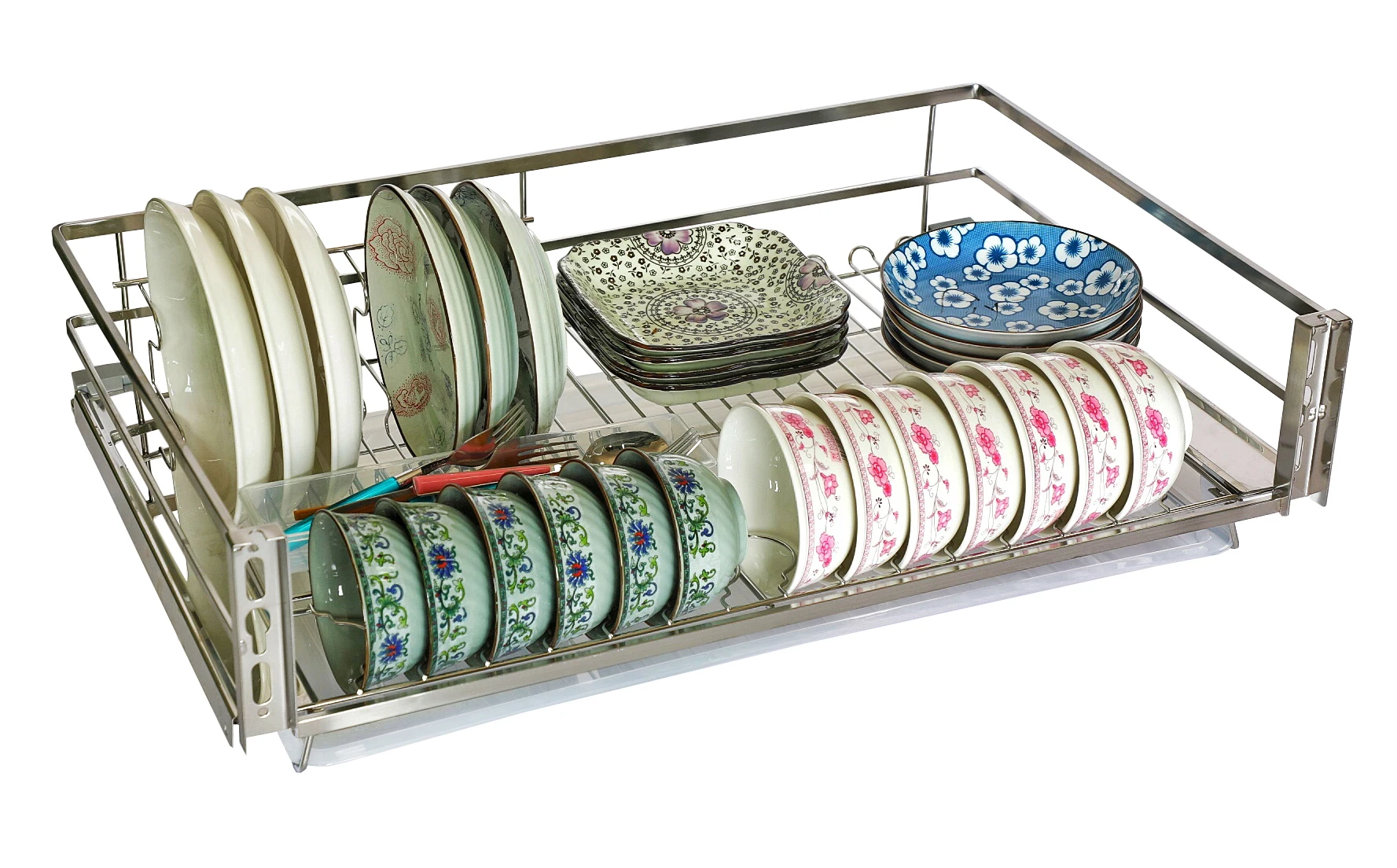 Soft close kitchen pull out dish rack