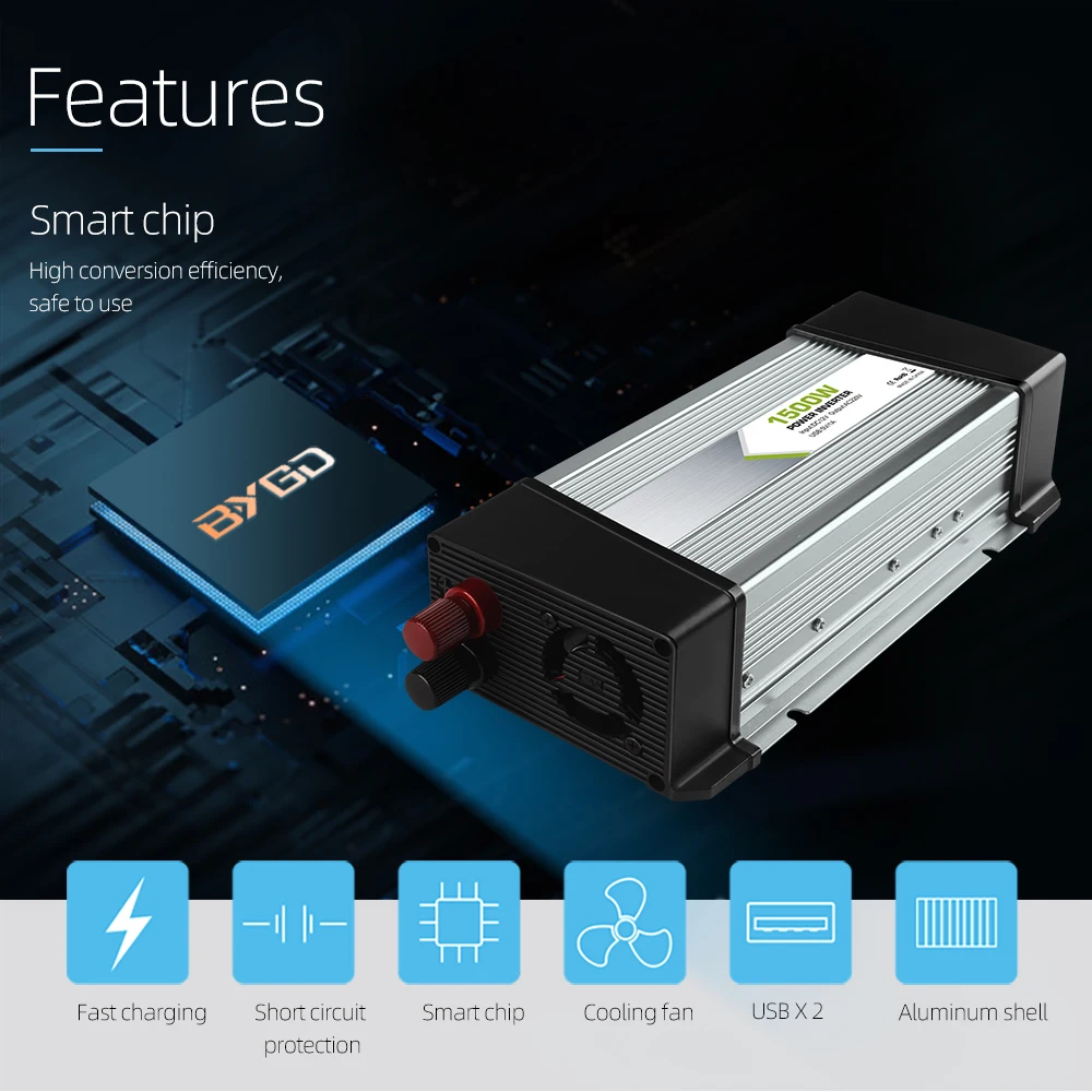 High Quality DC to AC professional manufacturer solar 12v car inverter 1500w Modified Sine Wave frequency converter