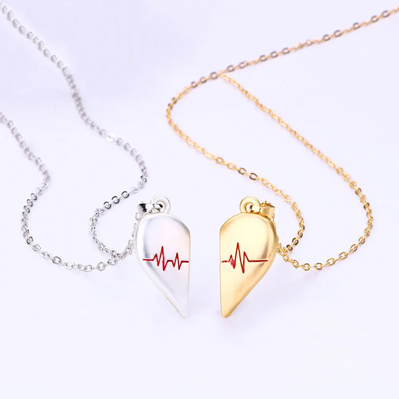 2024 Fashion Men Women Heartbeat Jewelry Chain Necklace Gold Plated Magnetic Heart Pendant Couple Necklaces Set Gift