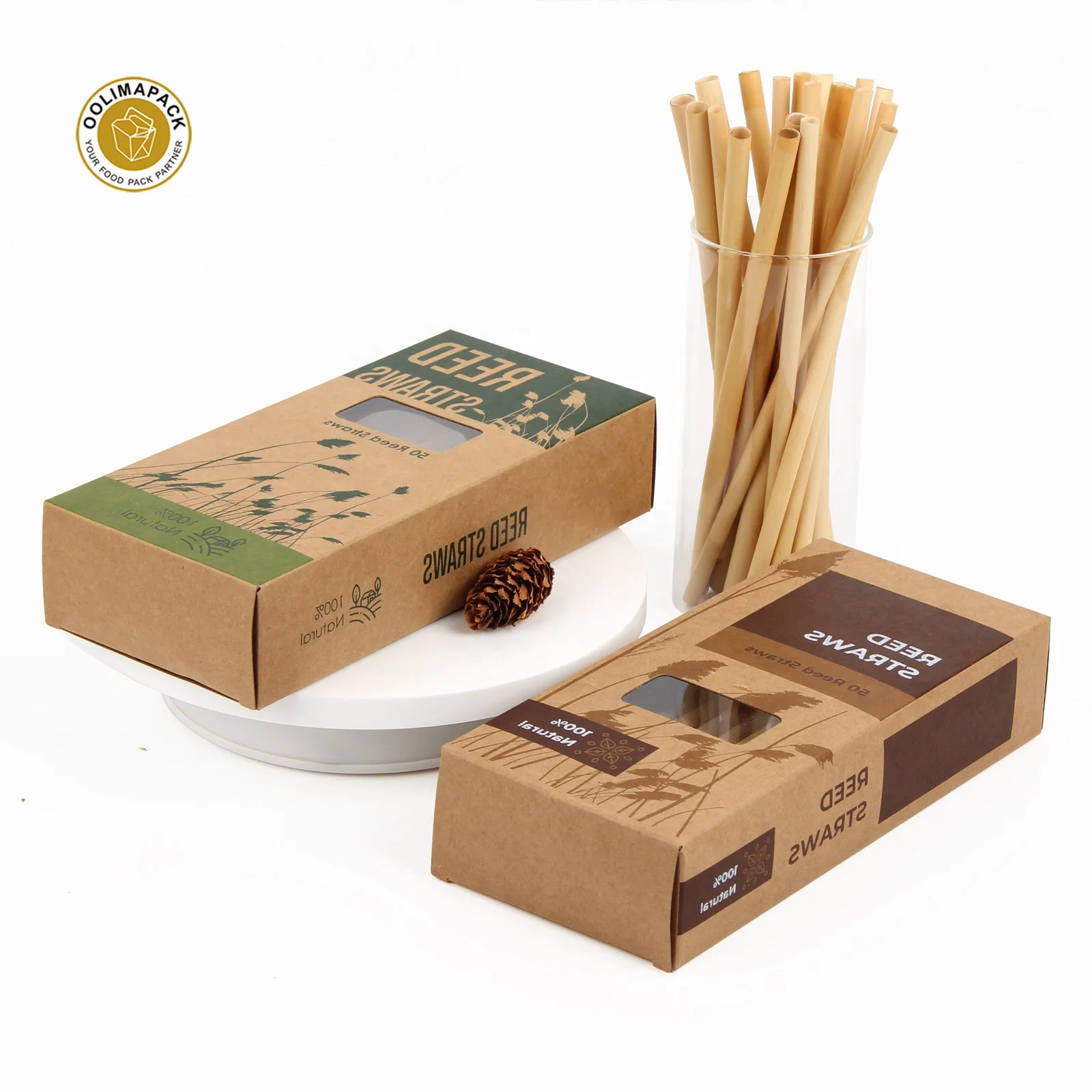 Custom printed Logo 100pcs Biodegradable Compostable Natural Eco Friendly Pack drinking reed straw in whole box