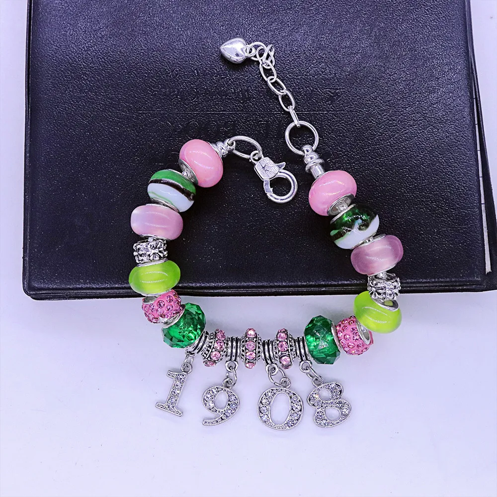 Stylish Pink And Green Stone Greek Alpha Symbol Founding Year 1908 Charms Decorated Luxury Beaded Adjustable Soror Bracelet