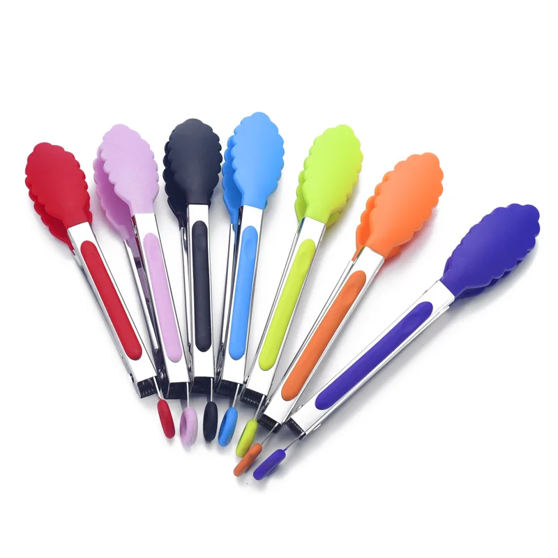 Silicone Stainless Steel Grilling Food Bread Serving Clip Cooking Kitchen Tongs