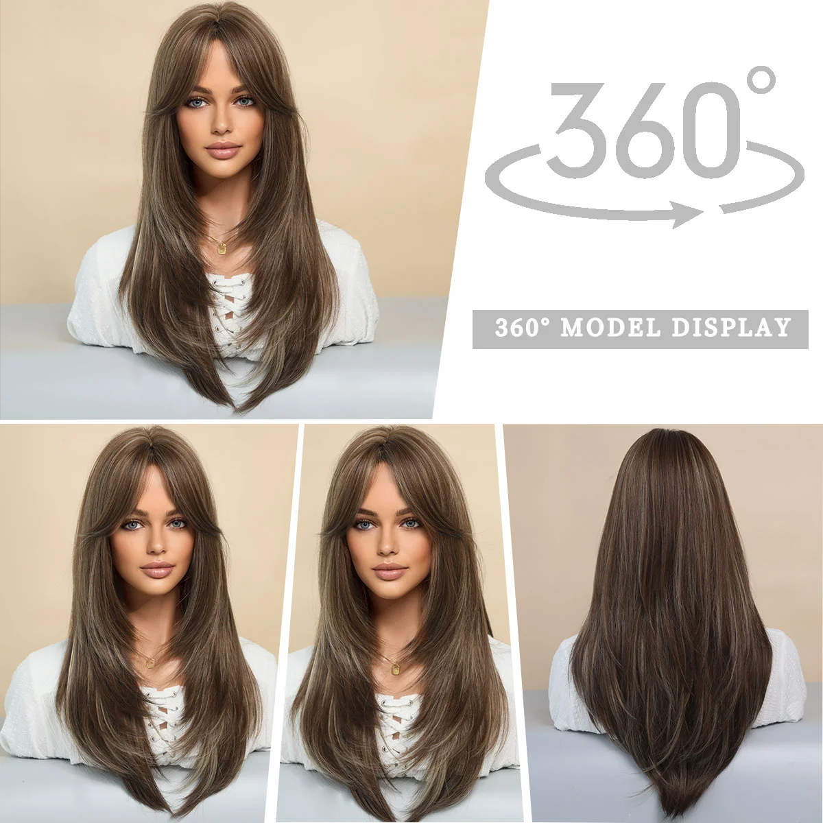 Wholesale Honey Blonde Wig with Bangs Long Brown Wigs for Women Layered Heat Resistant Synthetic Wigs Pelucas Perruques Peruca