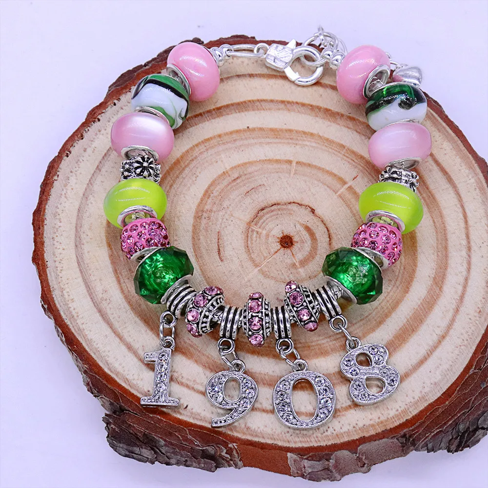 Stylish Pink And Green Stone Greek Alpha Symbol Founding Year 1908 Charms Decorated Luxury Beaded Adjustable Soror Bracelet