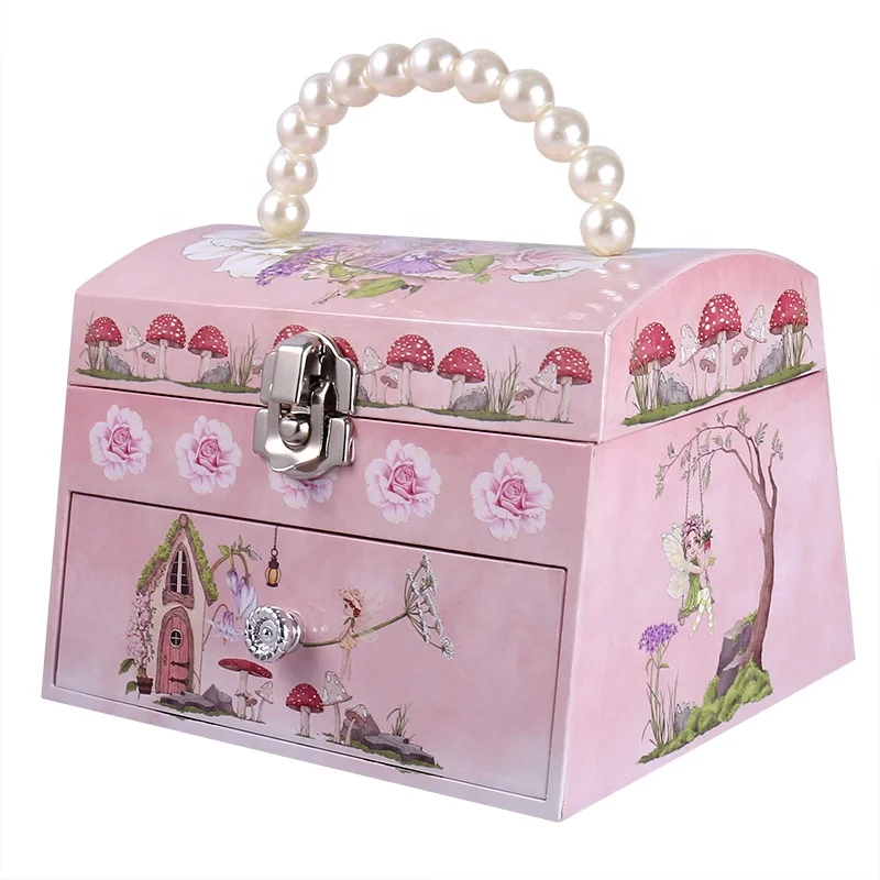 Ever Bright Factory Custom Trapezoid Music Box Wood Mushroom House Elf Ballerina Jewelry Music Box With Pearl Handle