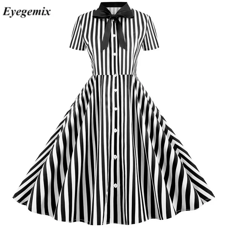 Striped Vintage Summer Dresses Women Short Sleeve Rockabilly Party Swing Elegant Ladies Office Work Dress Casual Vestidos