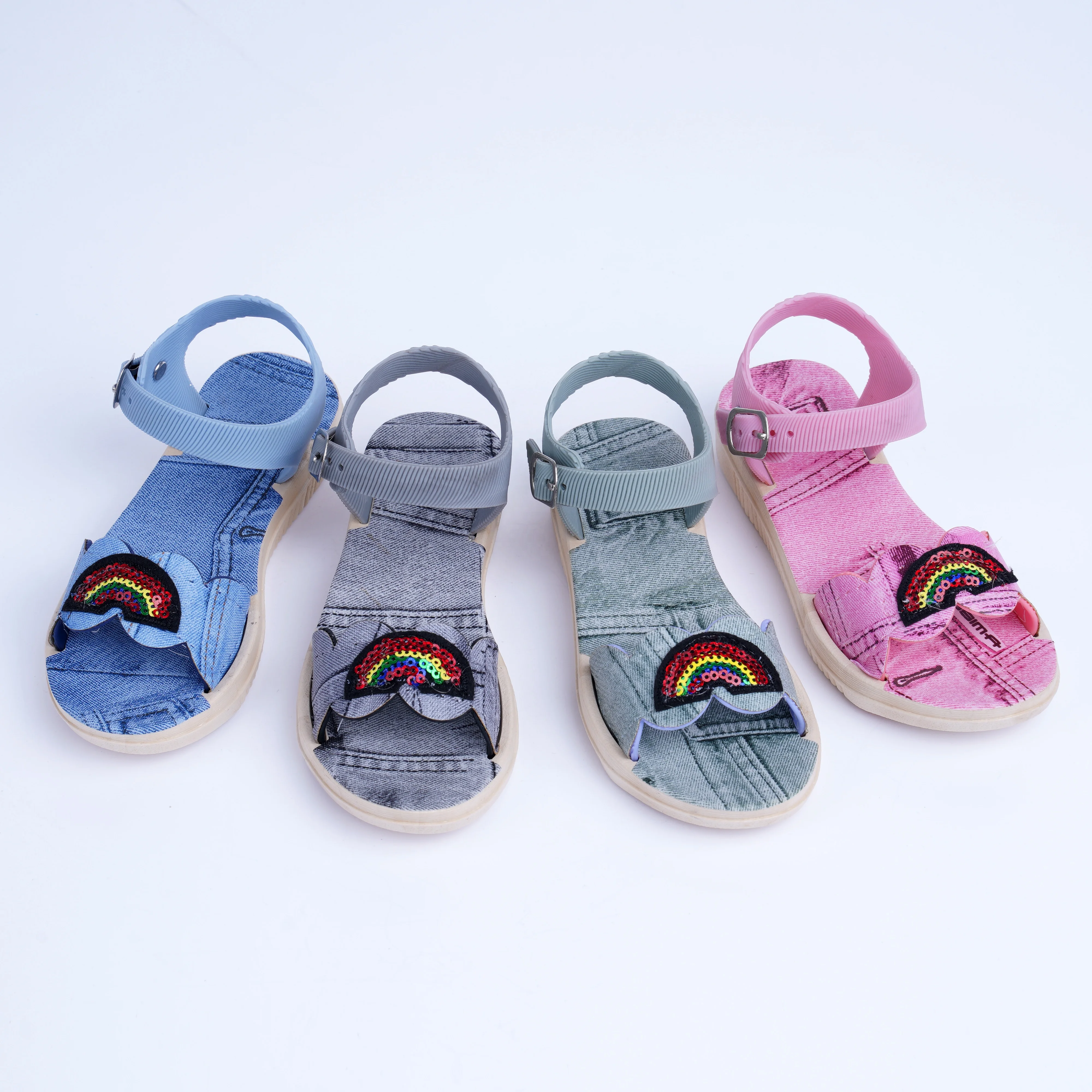 
Fashion colorful denim fabric design girls flat sandals Summer outdoor antiskid kids sandals 